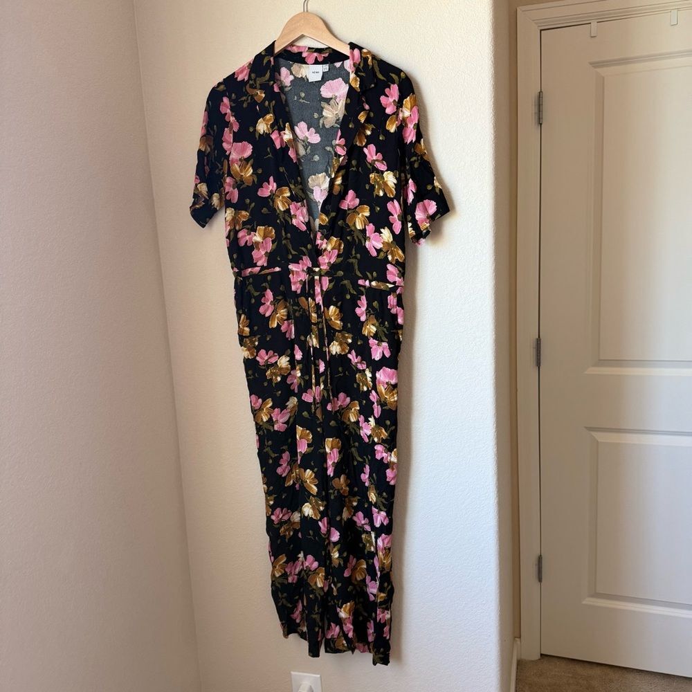 ICHI Floral Jumpsuit Black Pink Gold Wide Leg Tie Waist Viscose Size 36 (Sample)